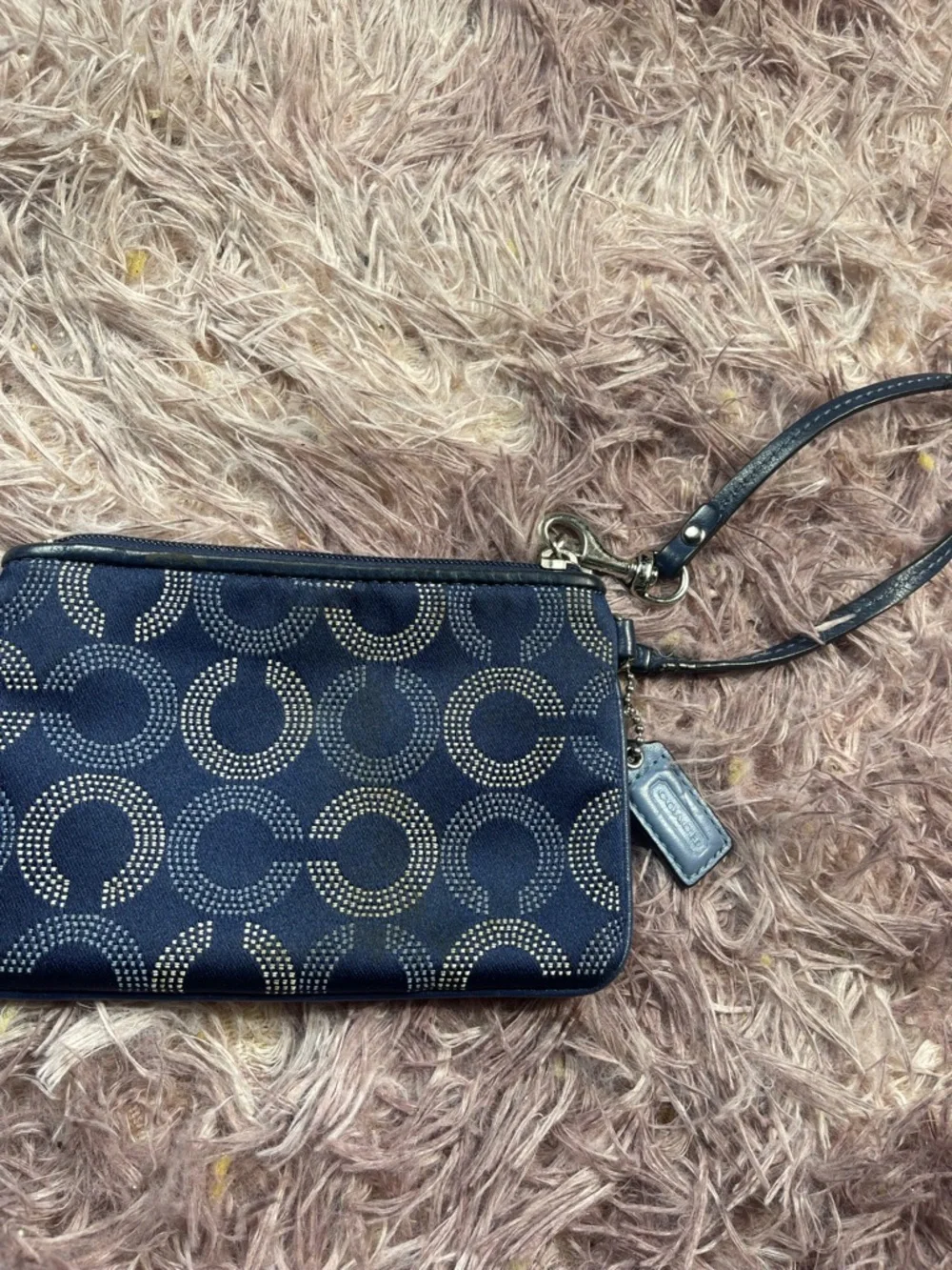 Coach Navy Signature Circle Print Wristlet with Leather Strap - Picture 3 of 3